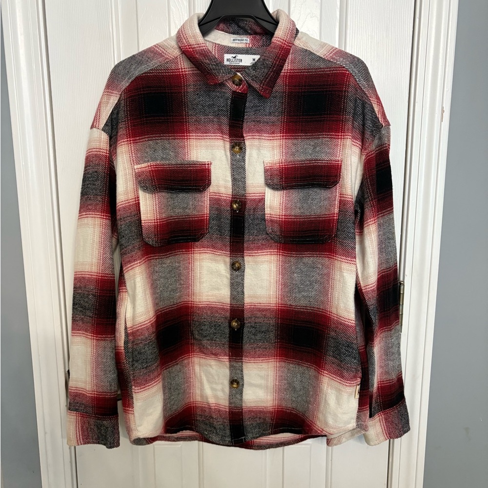 Hollister Women’s Boyfriend Flannel Shacket Shirt Jacket, Button Down Plaid, M